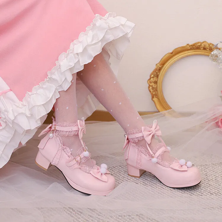 Women Bow Tie Ankle Strap Chunky Heel Pumps