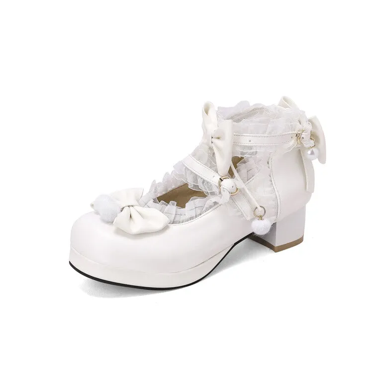 Women Bow Tie Ankle Strap Chunky Heel Pumps