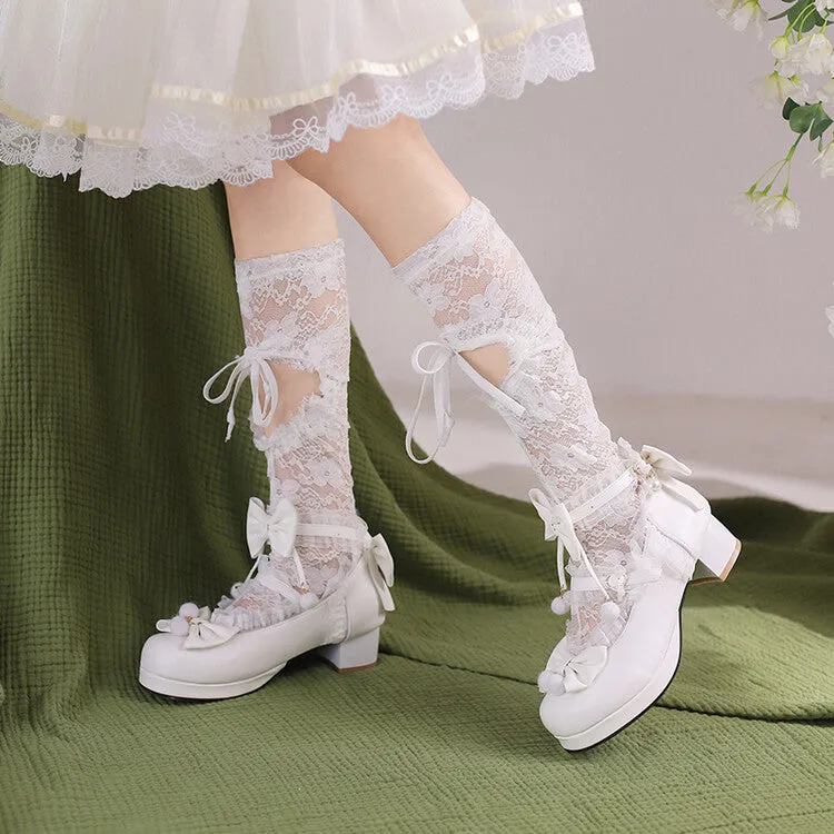 Women Bow Tie Ankle Strap Chunky Heel Pumps