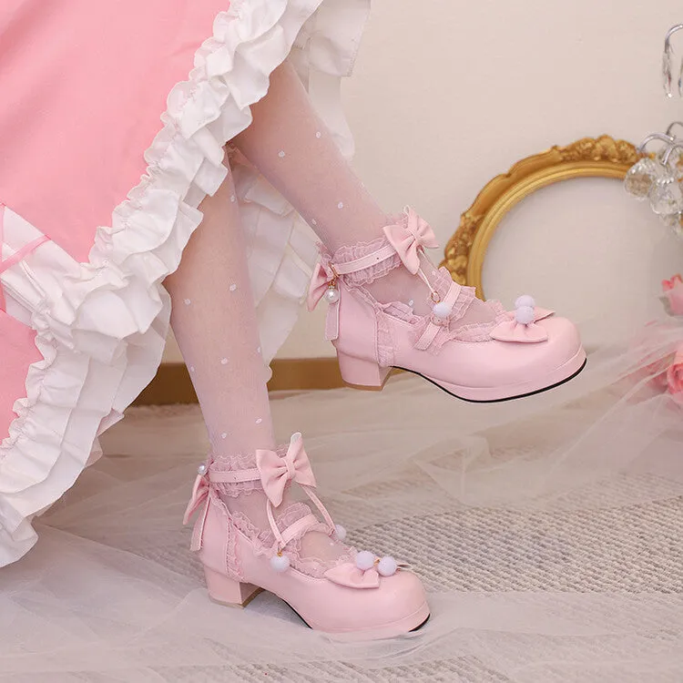 Women Bow Tie Ankle Strap Chunky Heel Pumps