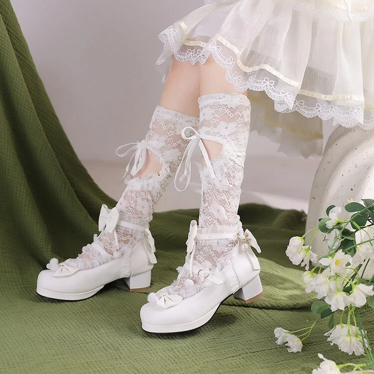 Women Bow Tie Ankle Strap Chunky Heel Pumps