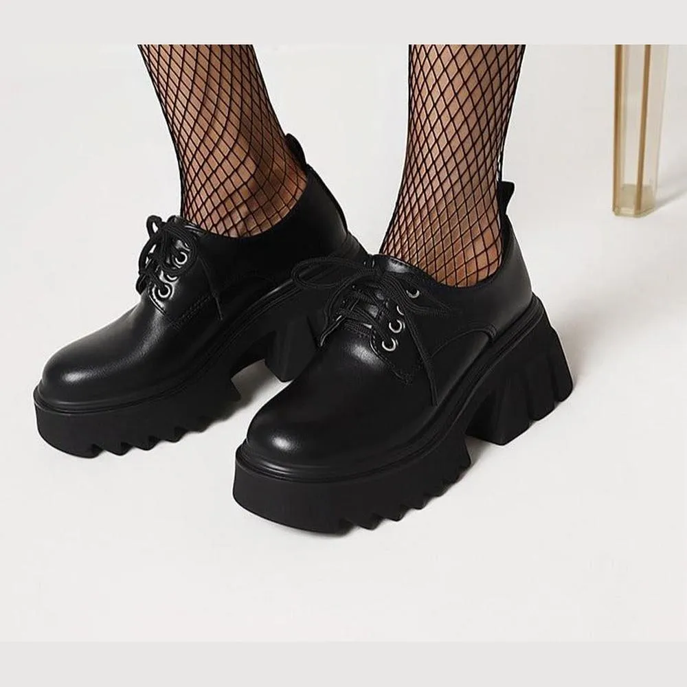 Women Single Shoes Round Toe Lace-up Pumps Platform Gothic Style High Heel Shoes