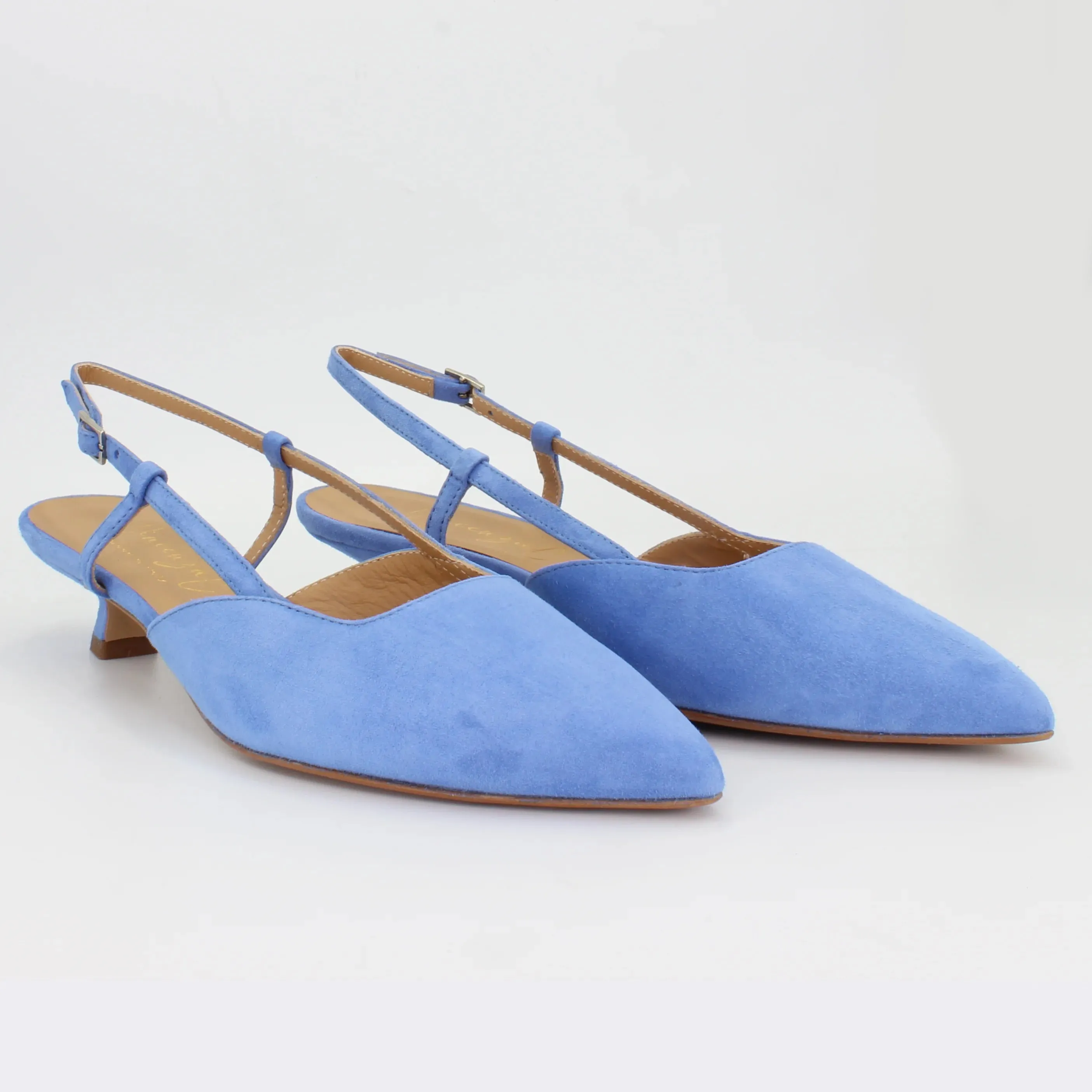 Women's Low Sling Back Heels in Calf Leather Suede Jeans (CRV05)