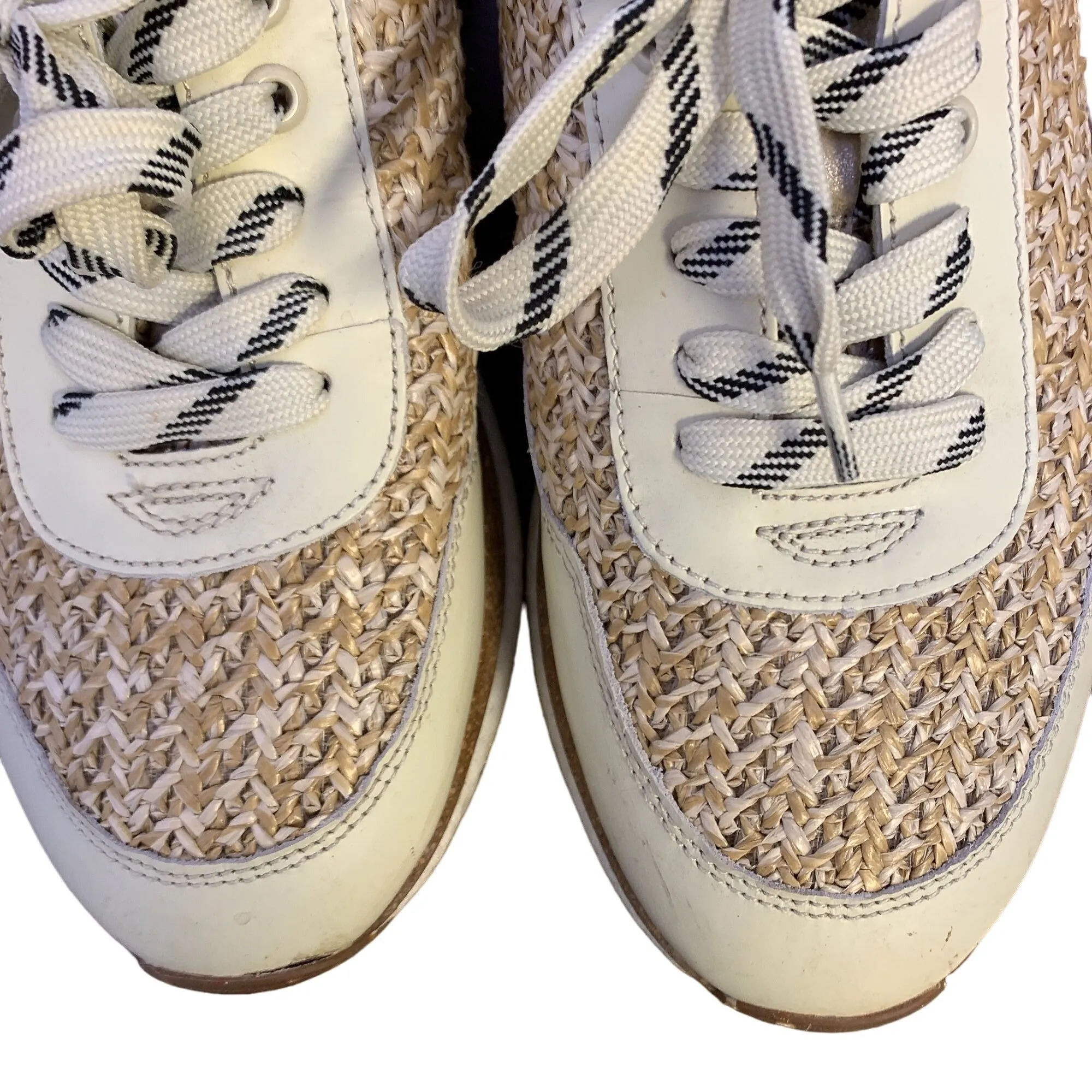Womens OTBT Size 9 Beige & White Lace-Up Sneakers With Braided Straw Detail