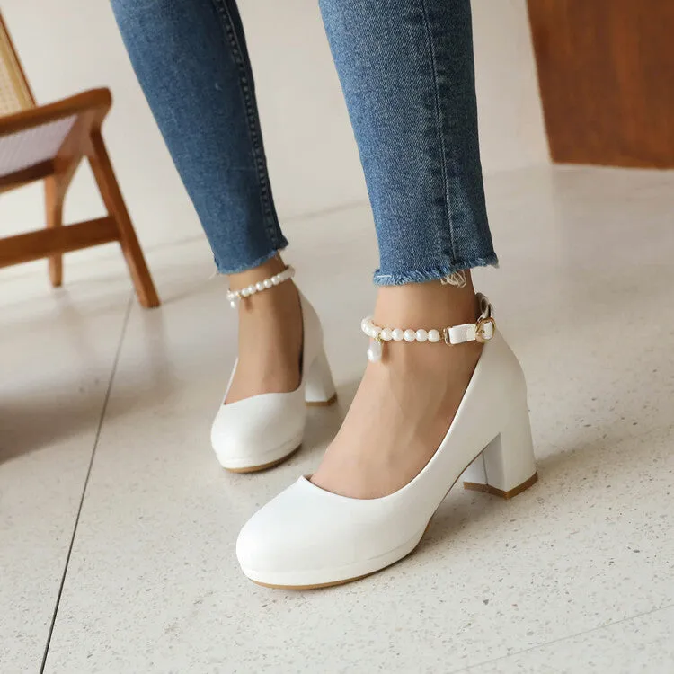 Women's Pearls Bead Ankle Strap Block Heel Platform Pumps