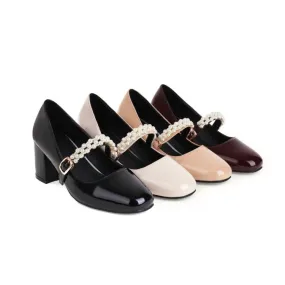 Women's Pumps Glossy Round Toe Pearls Beading Belts Block Heel Mary Jane Shoes
