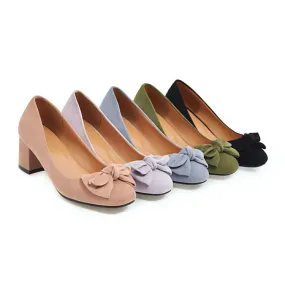 Women's Pumps Suede Round Toe Butterfly Knot Block Heel Shoes