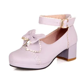 Women's Ruffles Bow Tie Shallow Block Heel Platform Pumps