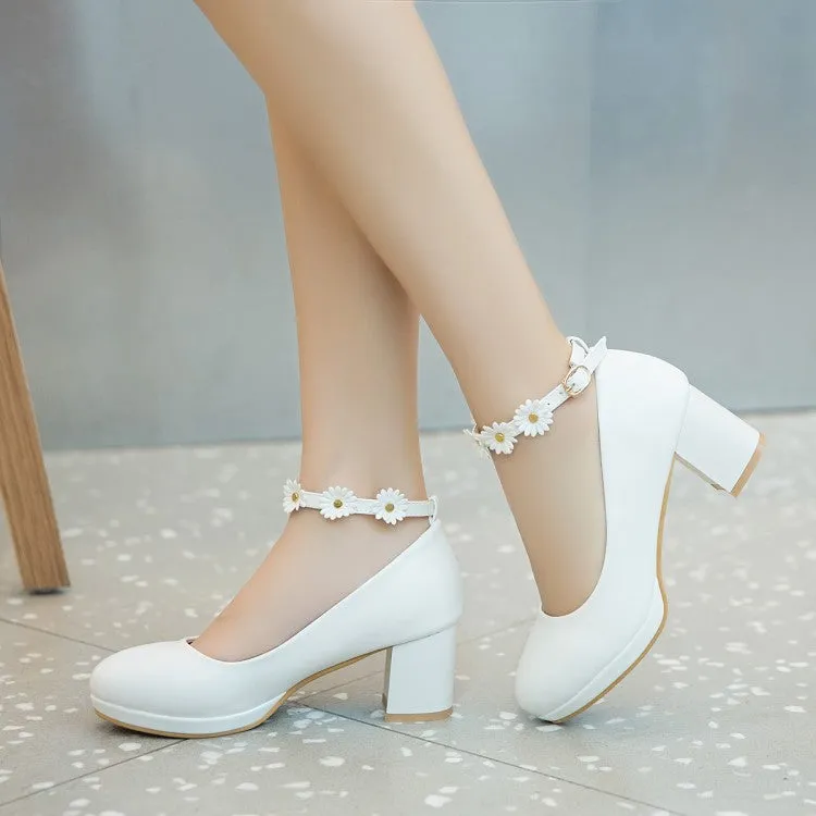 Women's Shallow Sunflower Ankle Strap Block Heel Platform Pumps