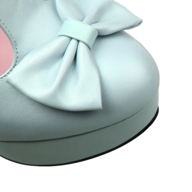 Women's T Strap Bowtie High Heels Chunky Platform Pumps