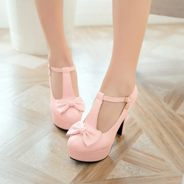 Women's T Strap Bowtie High Heels Chunky Platform Pumps